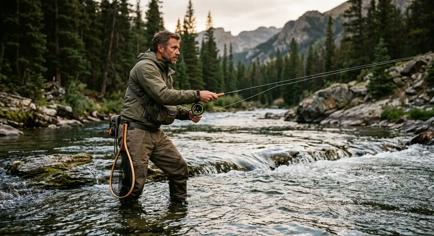 Angler standing in a clear mountain river holding a fly rod, net visible at hip, warm overcast light on moving water