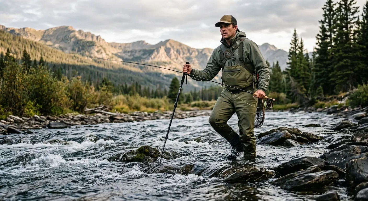 Angler wading a fast rocky river at knee depth planting a collapsible wading staff for balance, mountain ridgeline in the background under soft morning light